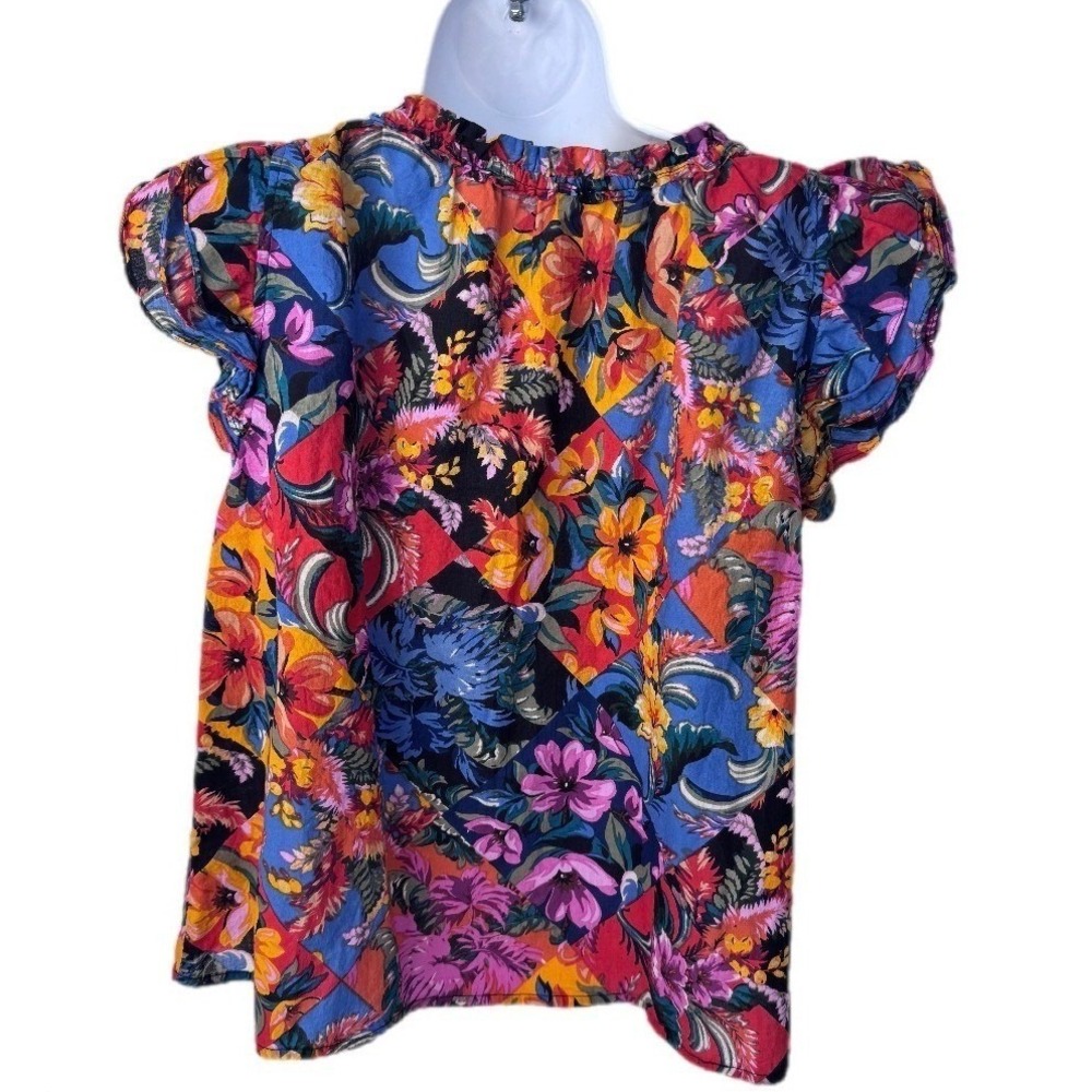 Chelsea & Theodore Blouse Women Large Multicolor Floral Patchwork Flutter Sleeve - Picture 2 of 9